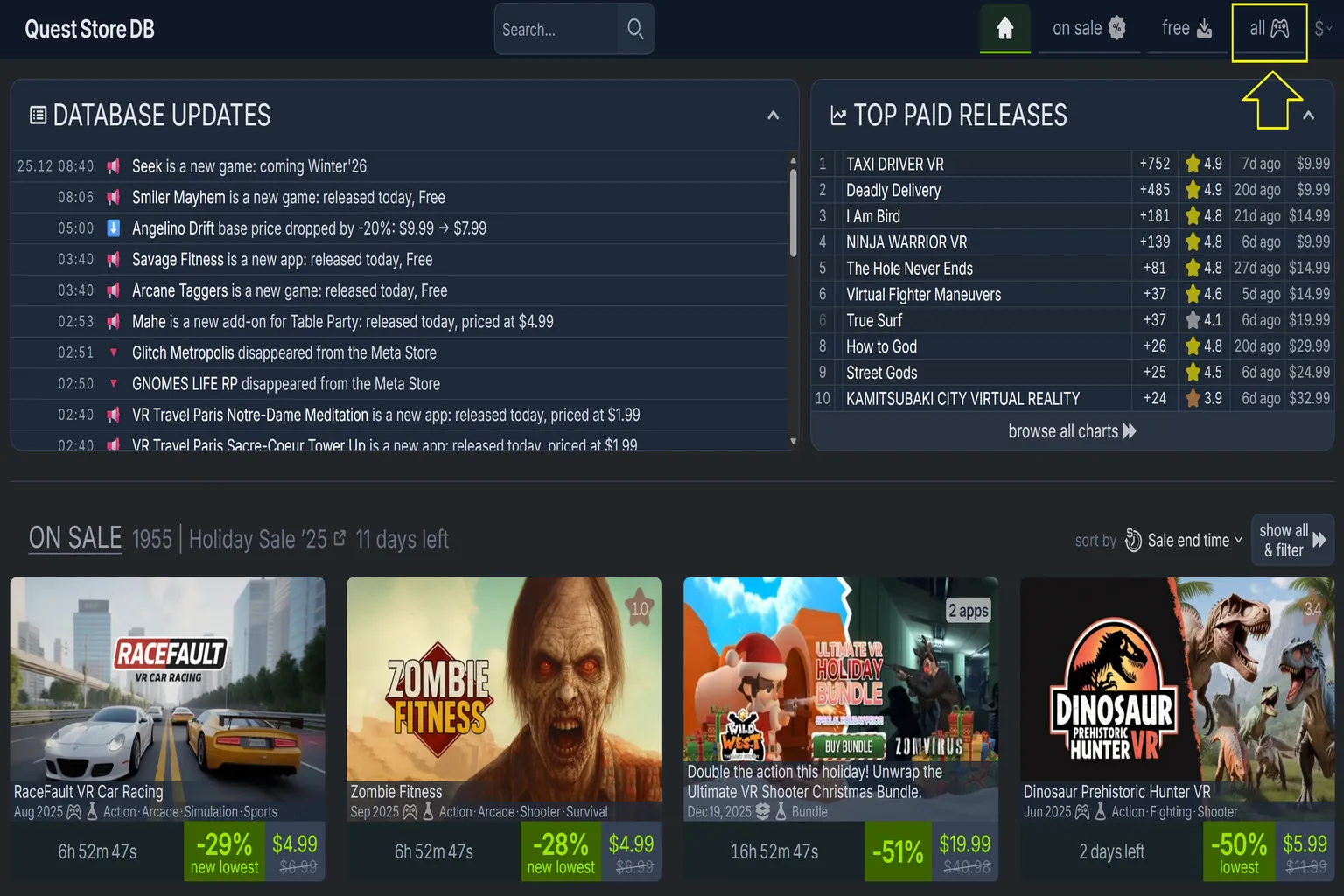Quest Store DB homepage. Switch the top menu to the All category to prepare for quickly filtering Cross-Buy games using a third-party database.