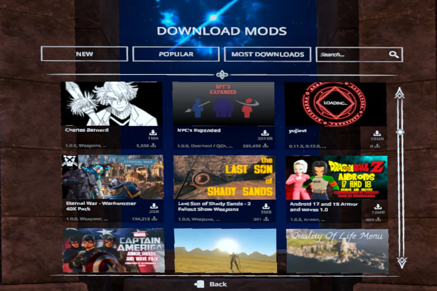 Blade & Sorcery: Nomad mod download screen. Mod cards such as DOT and CSM are displayed, each with a visible Download button.