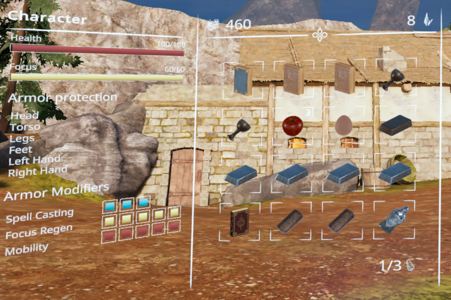 The in-game backpack and character status screen. Health and focus meters are displayed, and the item slots contain food and other supplies.