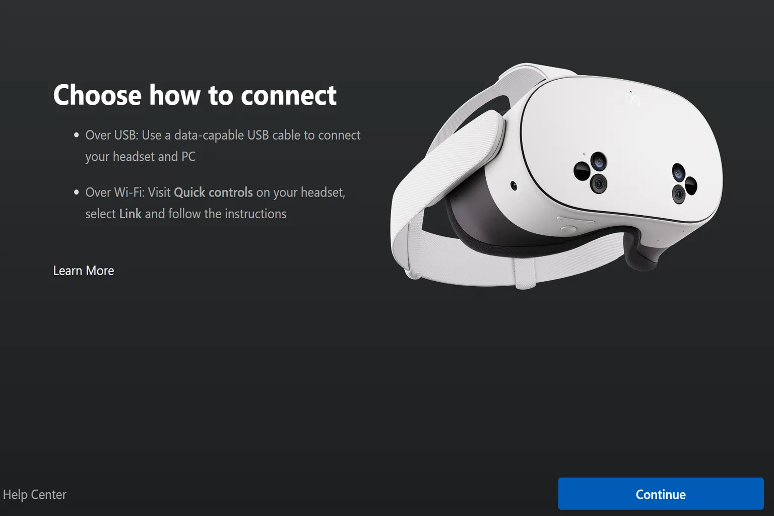 Meta Horizon Link connection screen showing options to connect via USB cable or Wi-Fi with a headset image