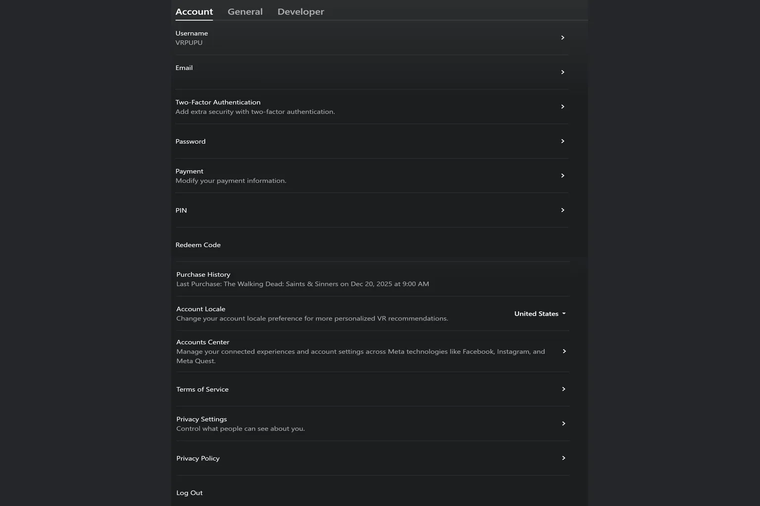 Meta Horizon Link account settings page showing username, email, security options, payment, and account locale