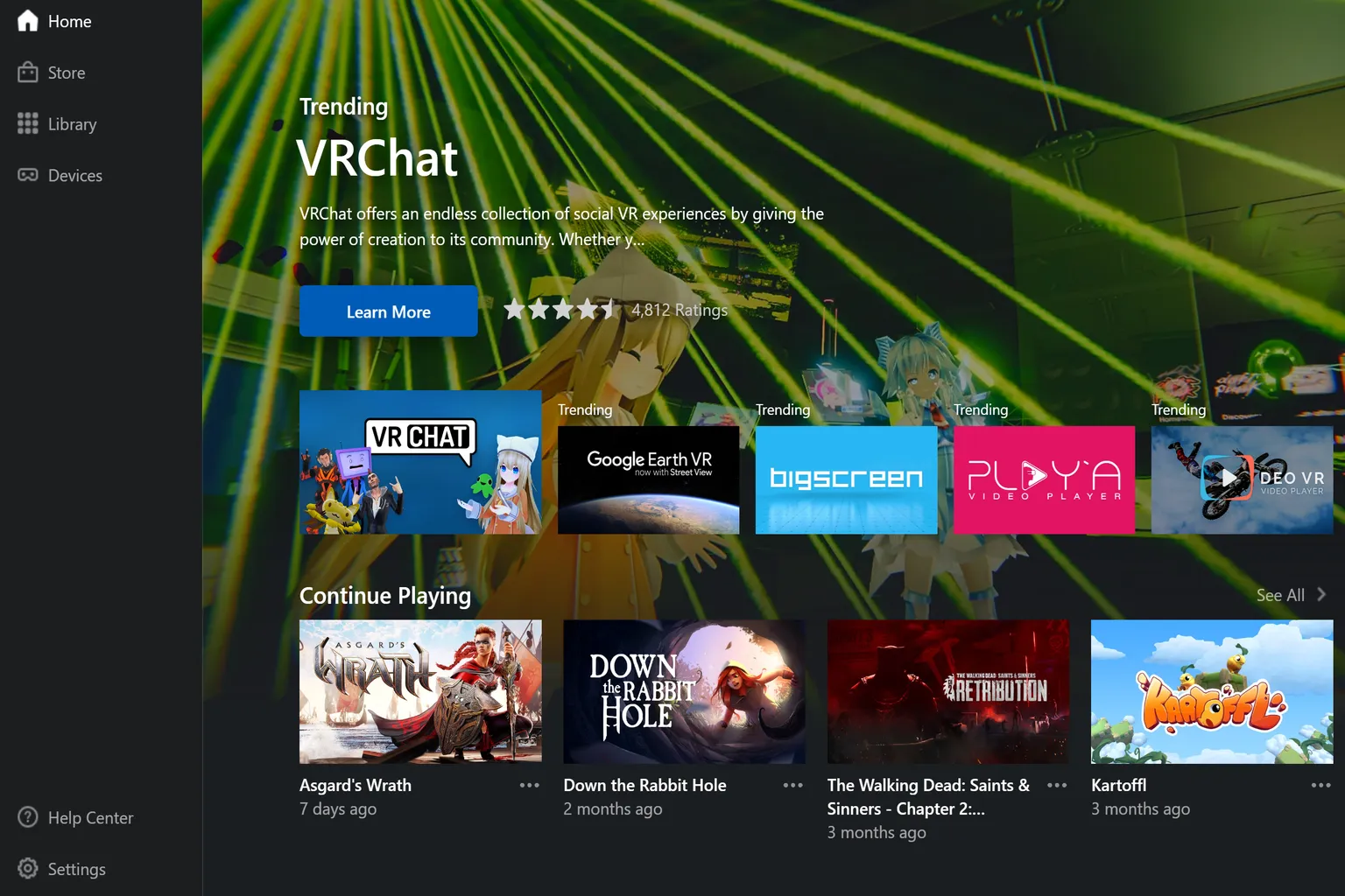 Meta Horizon Link home screen showing VRChat trending section with app tiles like Google Earth VR, Bigscreen, and DeoVR