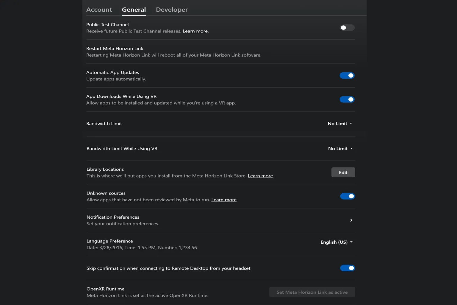 Meta Horizon Link general settings page showing app updates, bandwidth limits, unknown sources toggle, and language preferences