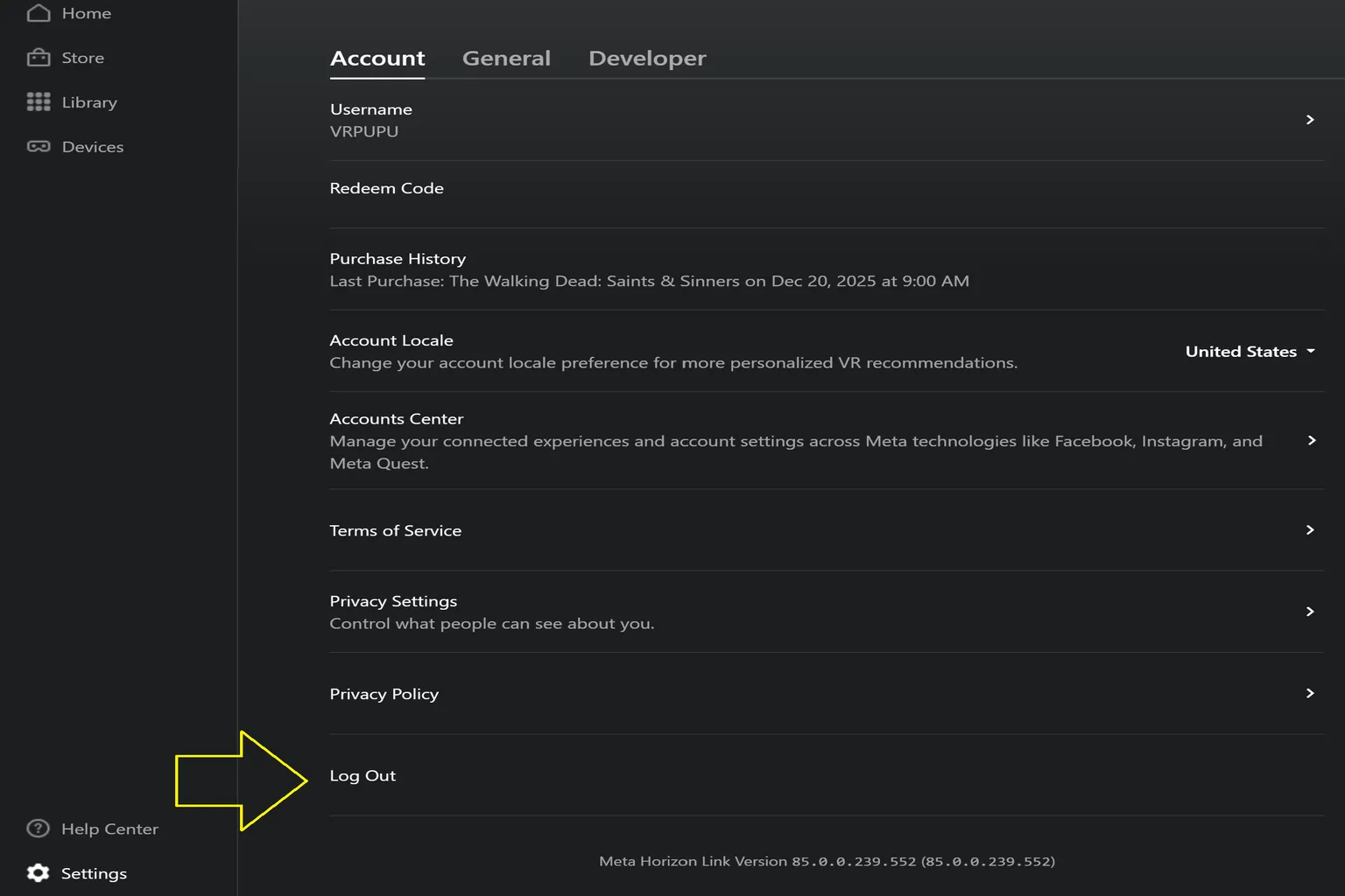 Meta Horizon Link settings page with account details and a yellow arrow pointing to the “Log Out” option