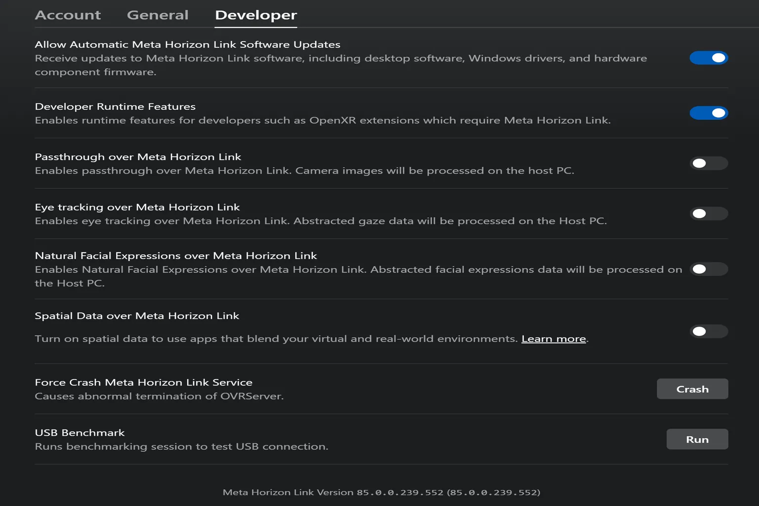 Meta Horizon Link developer settings page with options for passthrough, eye tracking, facial expressions, and USB benchmark
