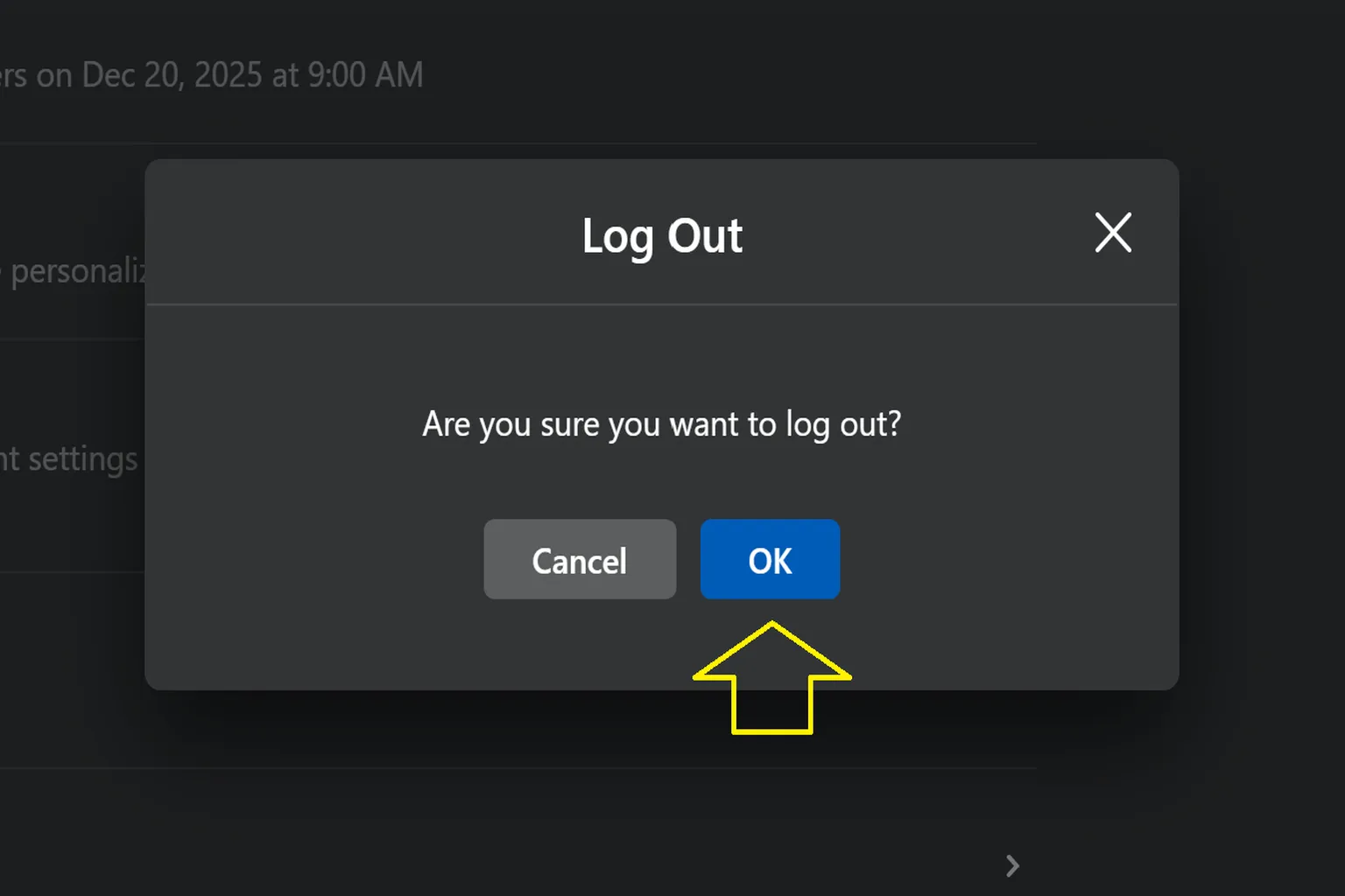 Meta Horizon Link logout confirmation dialog with “Cancel” and “OK” buttons, arrow pointing to the “OK” button