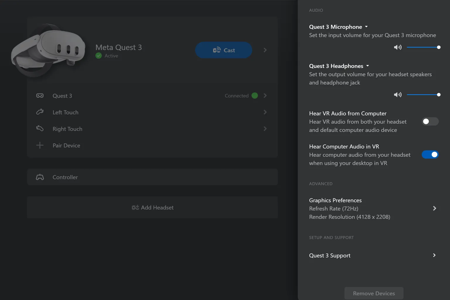 Meta Quest 3 audio settings panel showing microphone input, headphone output, and VR audio routing options