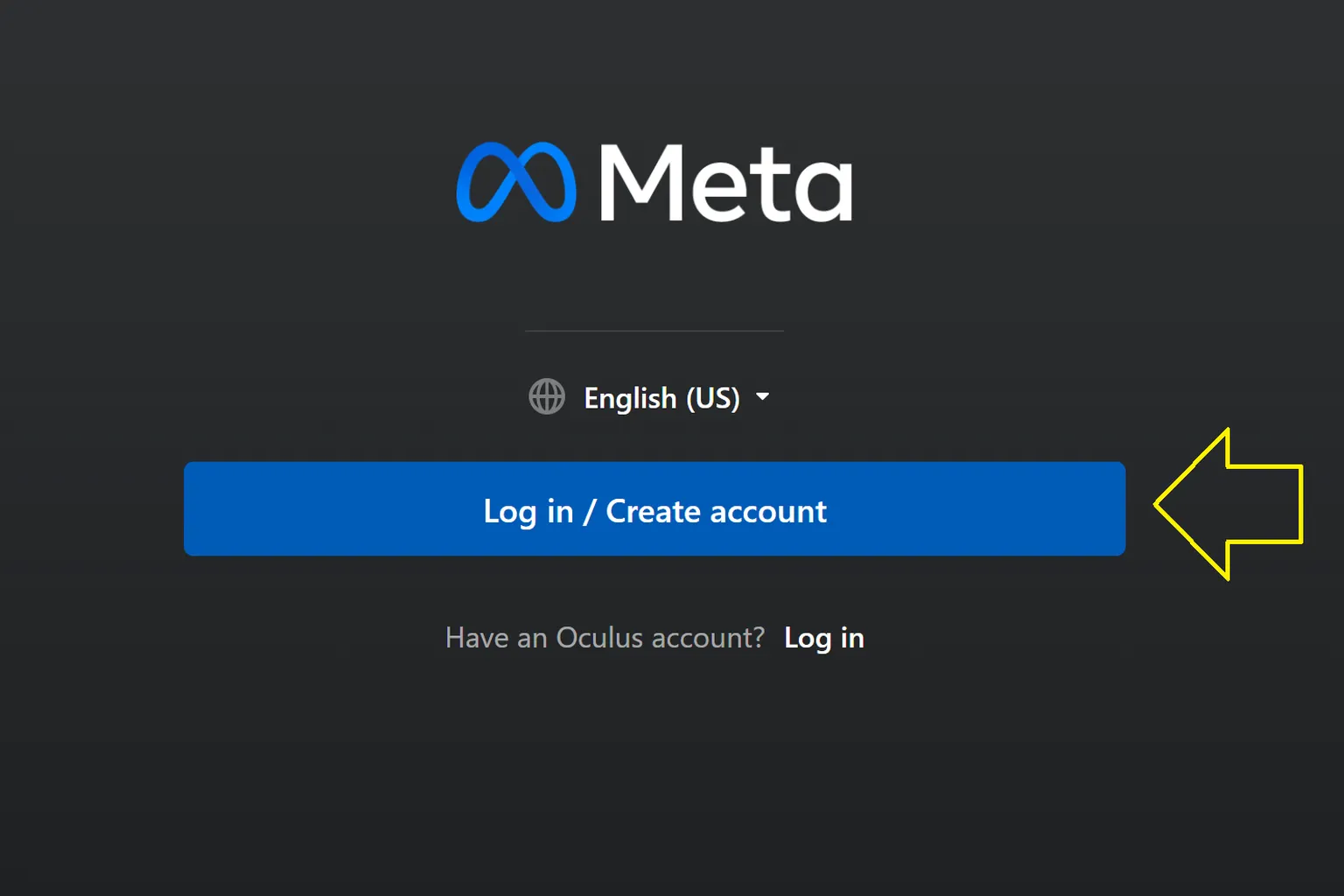 Meta login screen showing “Log in / Create account” button with language set to English (US)