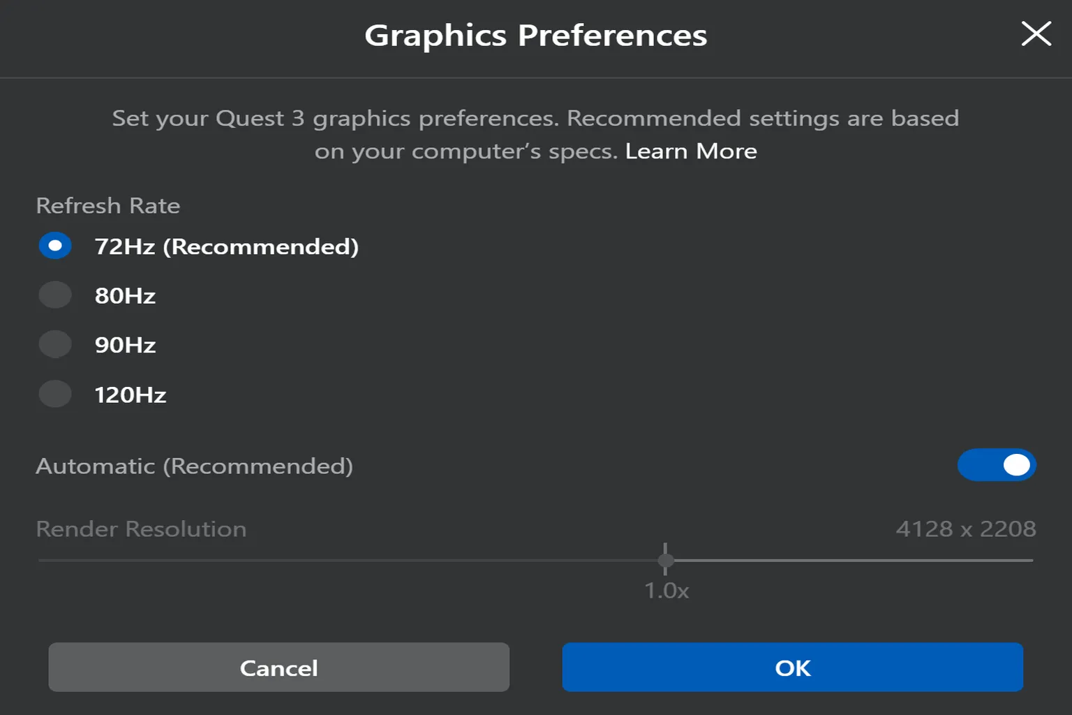 Meta Quest 3 graphics preferences screen showing refresh rate options and render resolution slider