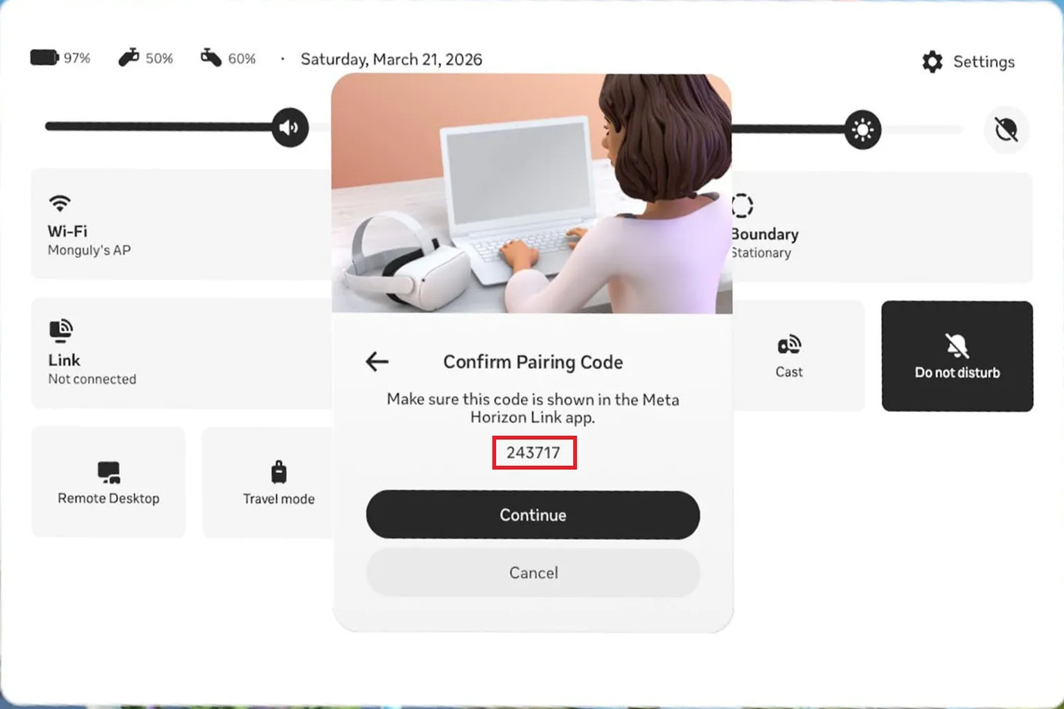 Meta Quest Air Link pairing screen displaying a confirmation code in the headset, matching the code shown in the Meta Horizon Link app