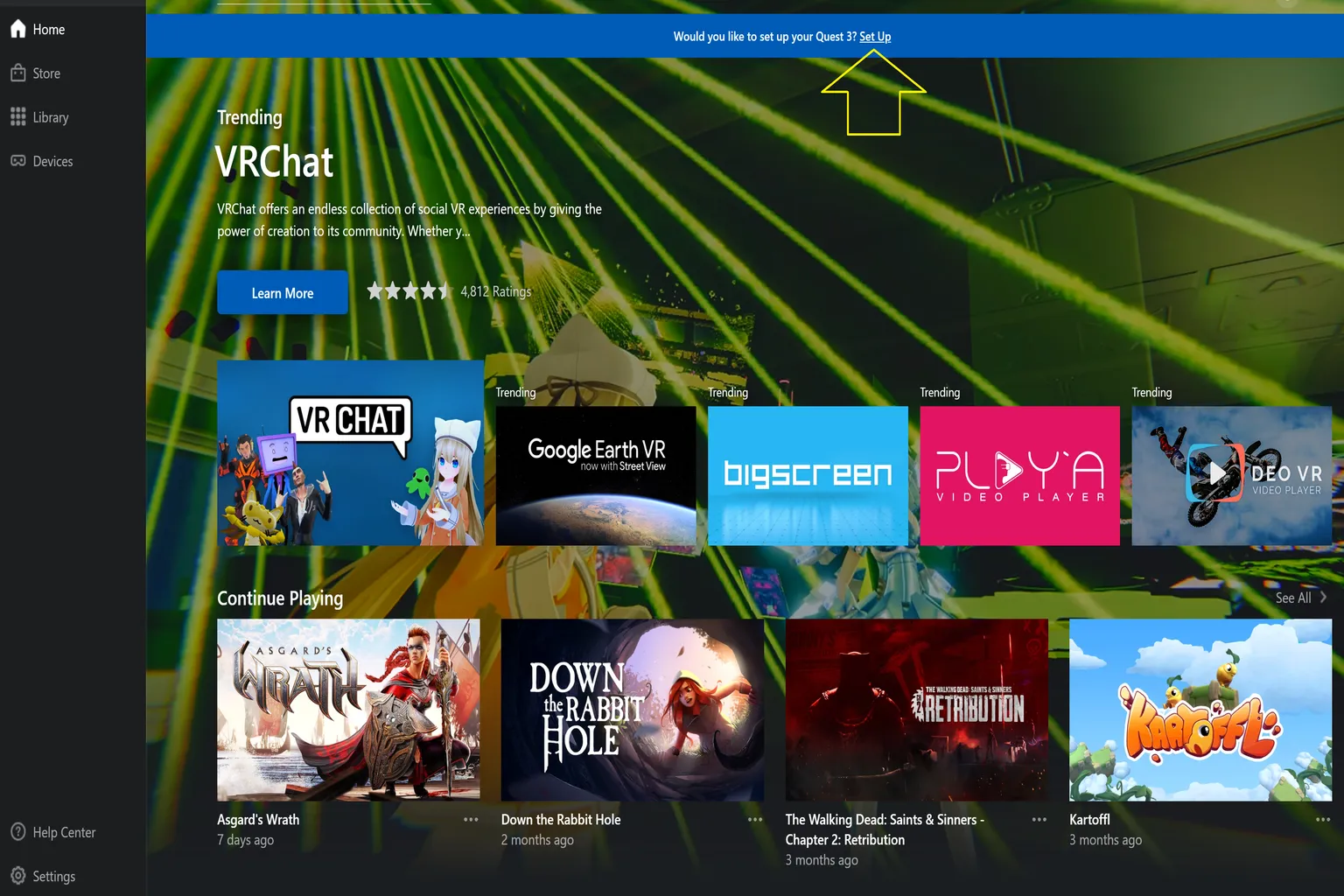 Meta Horizon Link home screen with a top banner prompting to set up Quest 3, arrow pointing to the “Set Up” link