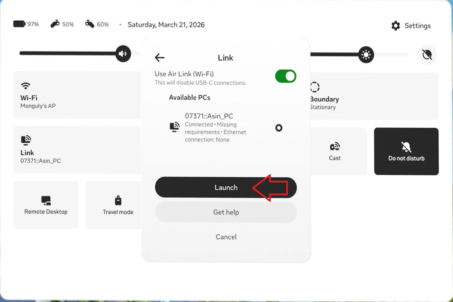 Meta Quest Air Link connection screen showing available PC and a red arrow pointing to the “Launch” button to start linking