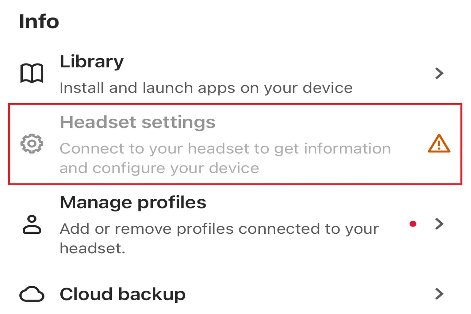 Meta Quest settings screen showing headset not connected, with device settings grayed out and a warning icon displayed