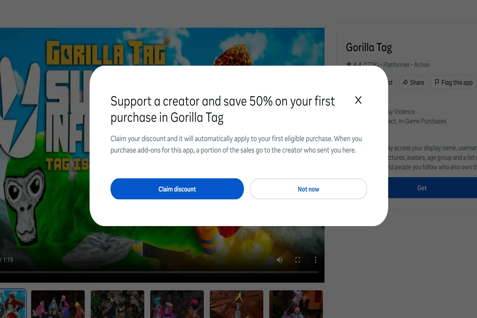 Meta Quest popup showing 50% creator discount offer with Claim discount button