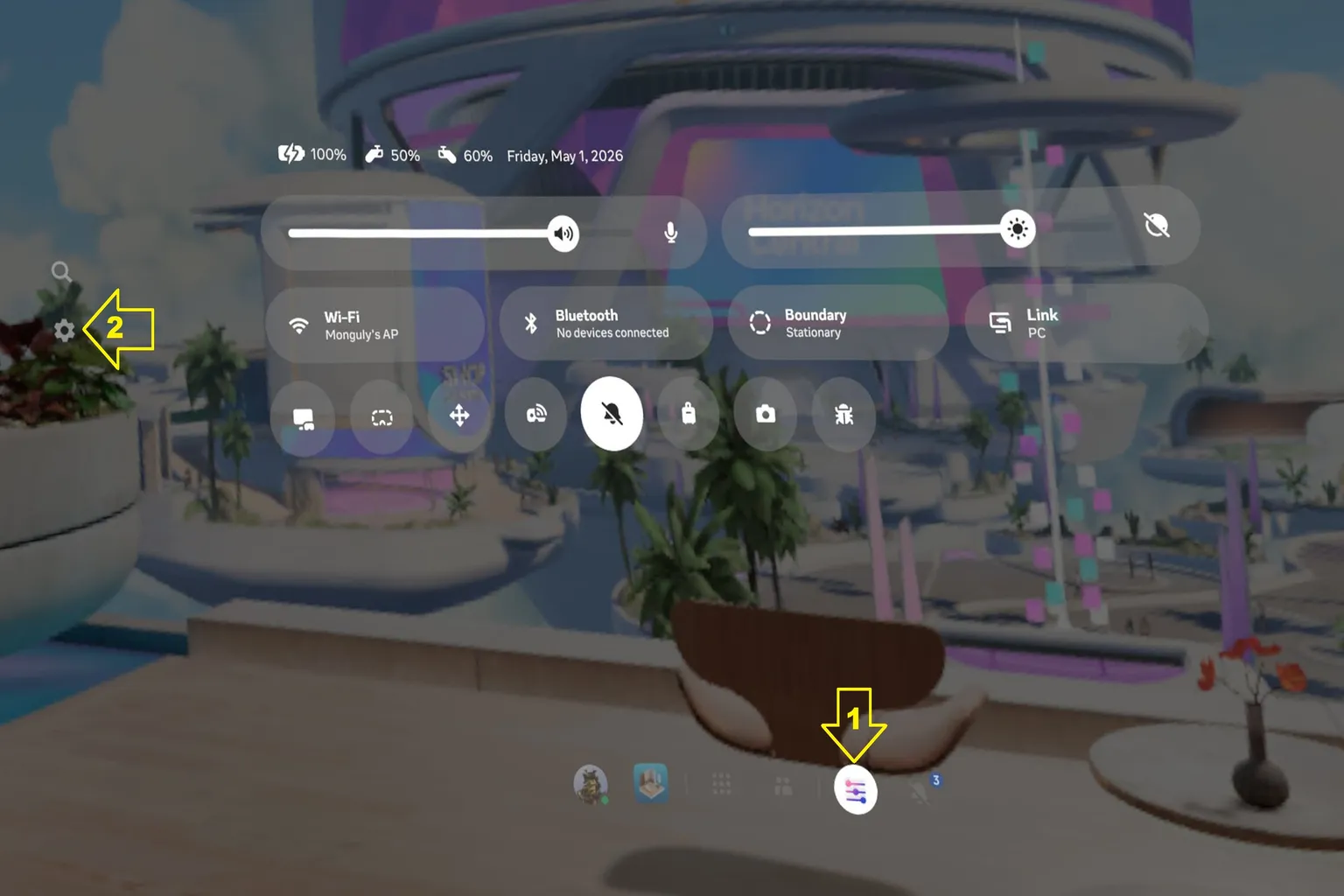 Meta Quest home menu with quick settings panel open and Settings icon highlighted