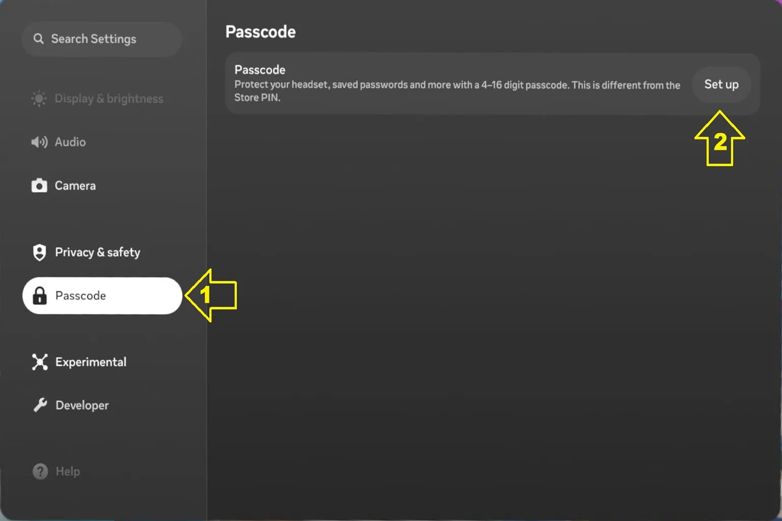 Meta Quest settings page showing Passcode section with option to set up a headset passcode