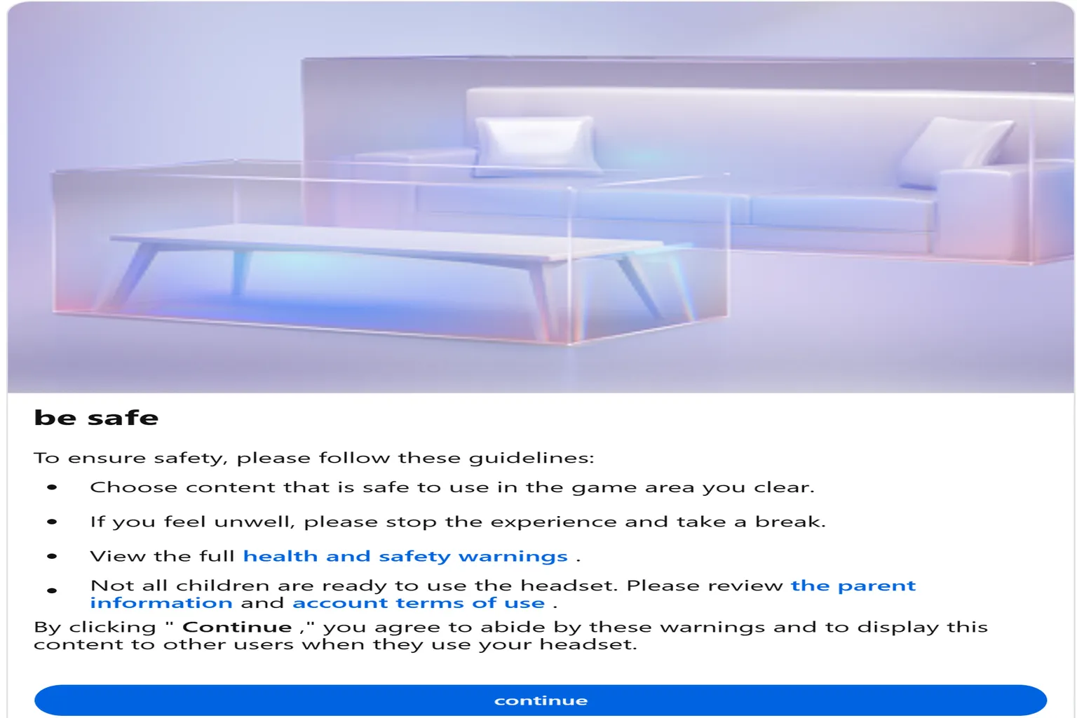 Safety warning screen in Meta Quest showing guidelines and a “Continue” button before proceeding