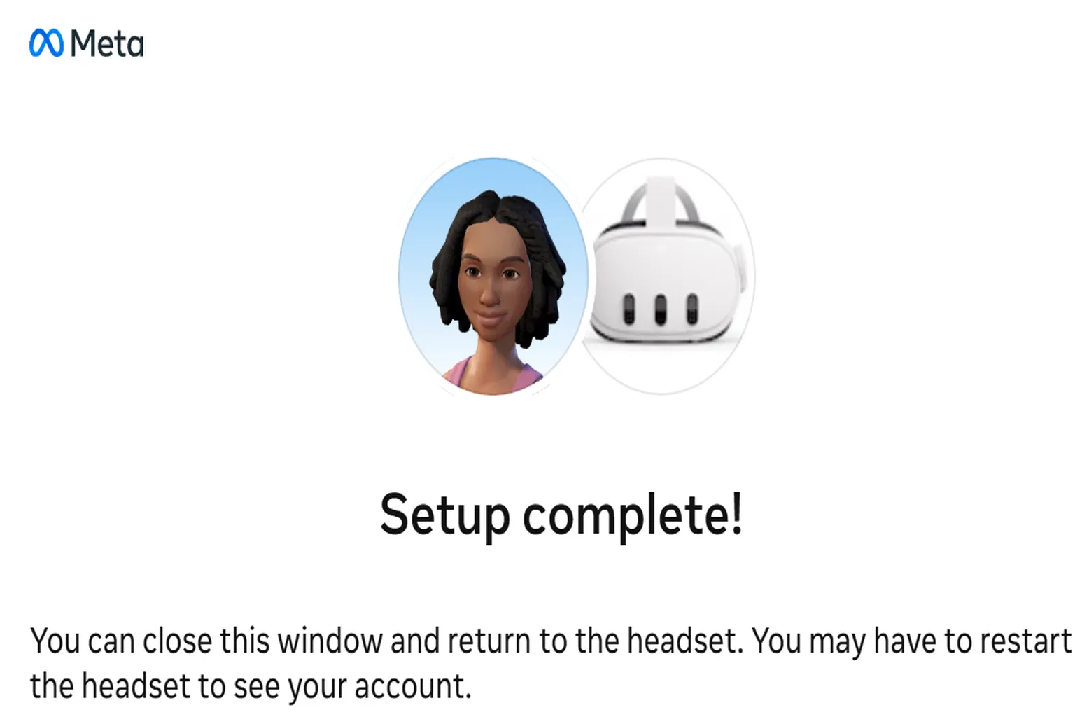 Meta Quest setup complete screen confirming profile has been successfully added to the headset