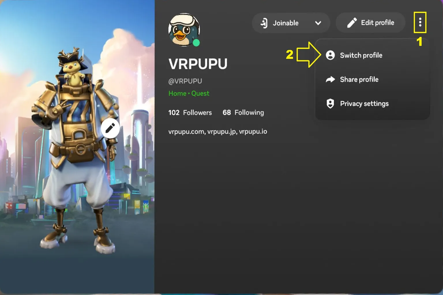 Meta Quest profile menu with “Switch profile” option highlighted from the top-right menu