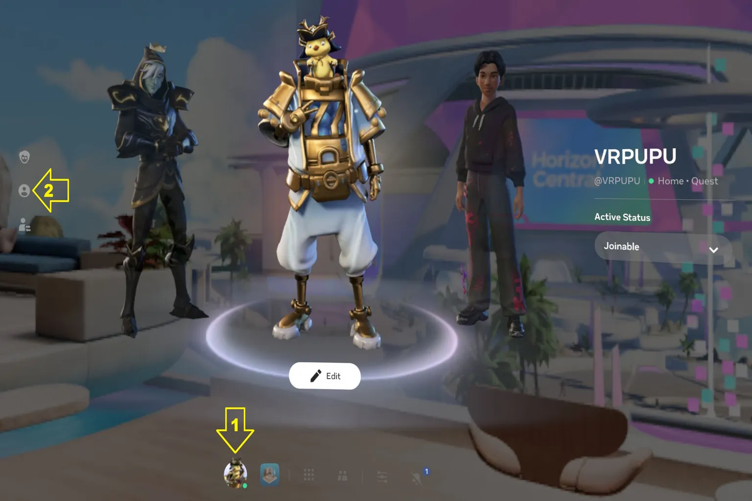 Meta Quest home screen with profile icon selected to open the profile switching menu