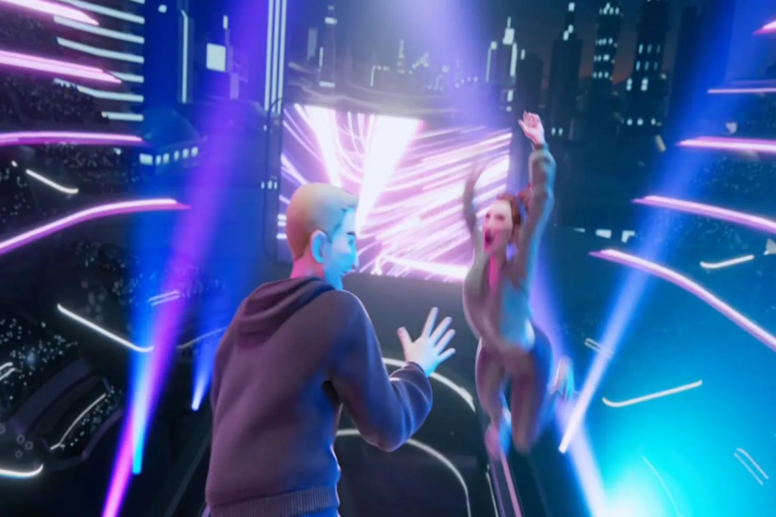Meta Quest first-time login scene showing users interacting in a virtual environment during initial setup