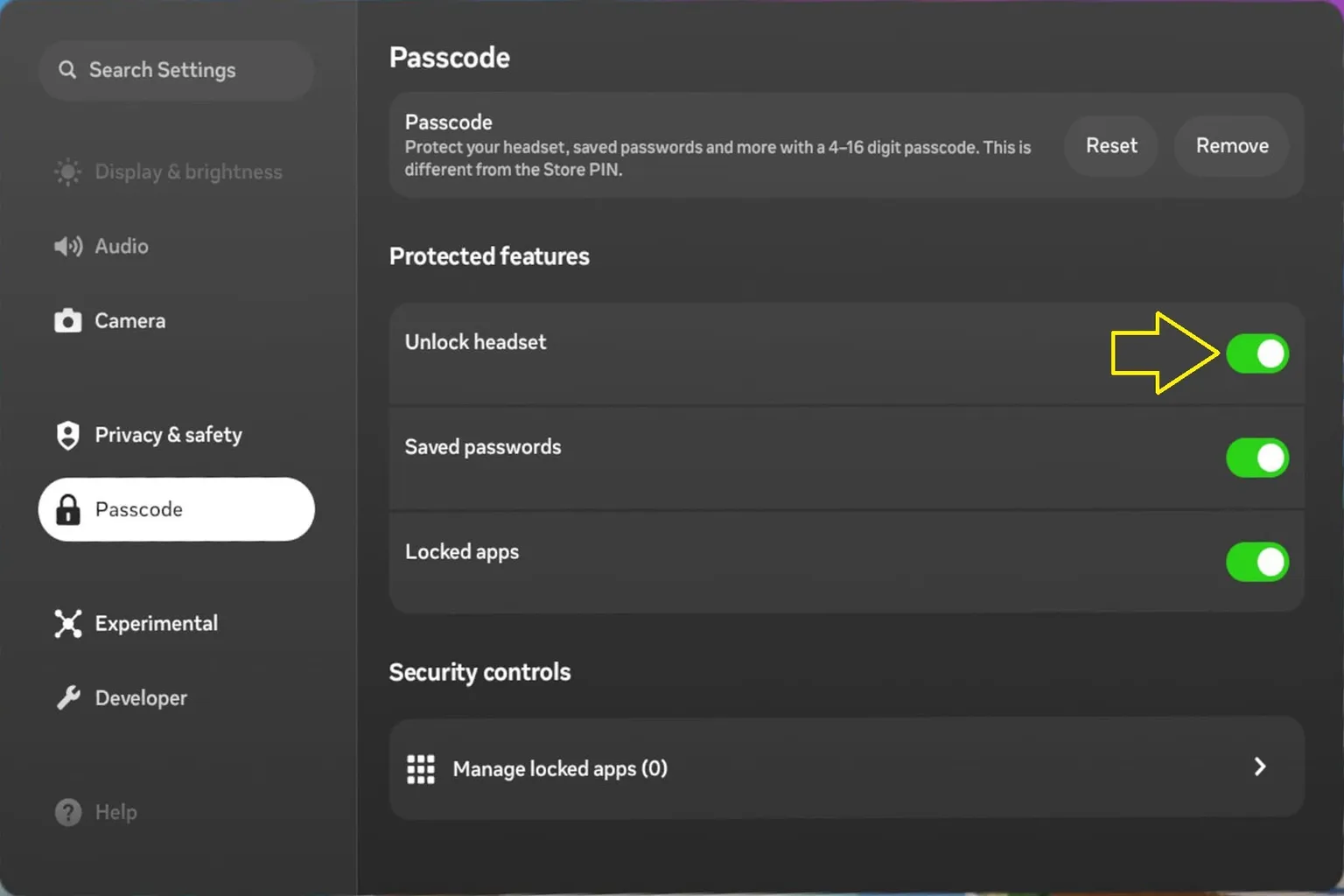 Meta Quest passcode settings with “Unlock headset” option enabled under protected features