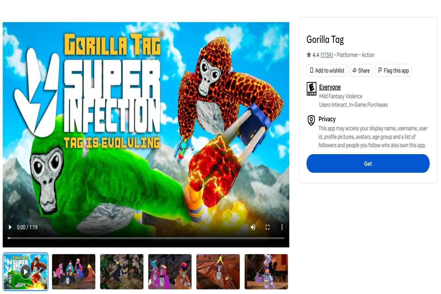 Gorilla Tag store page showing game details, rating, and Get button