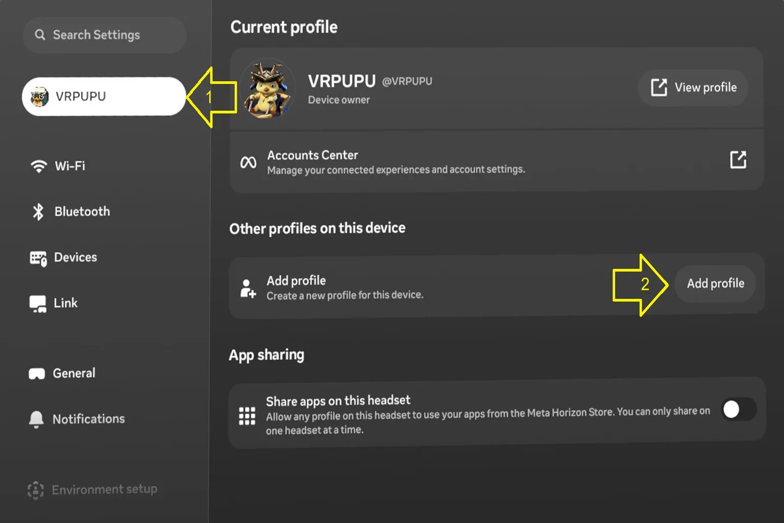 Profiles section in Meta Quest settings with “Add profile” button highlighted