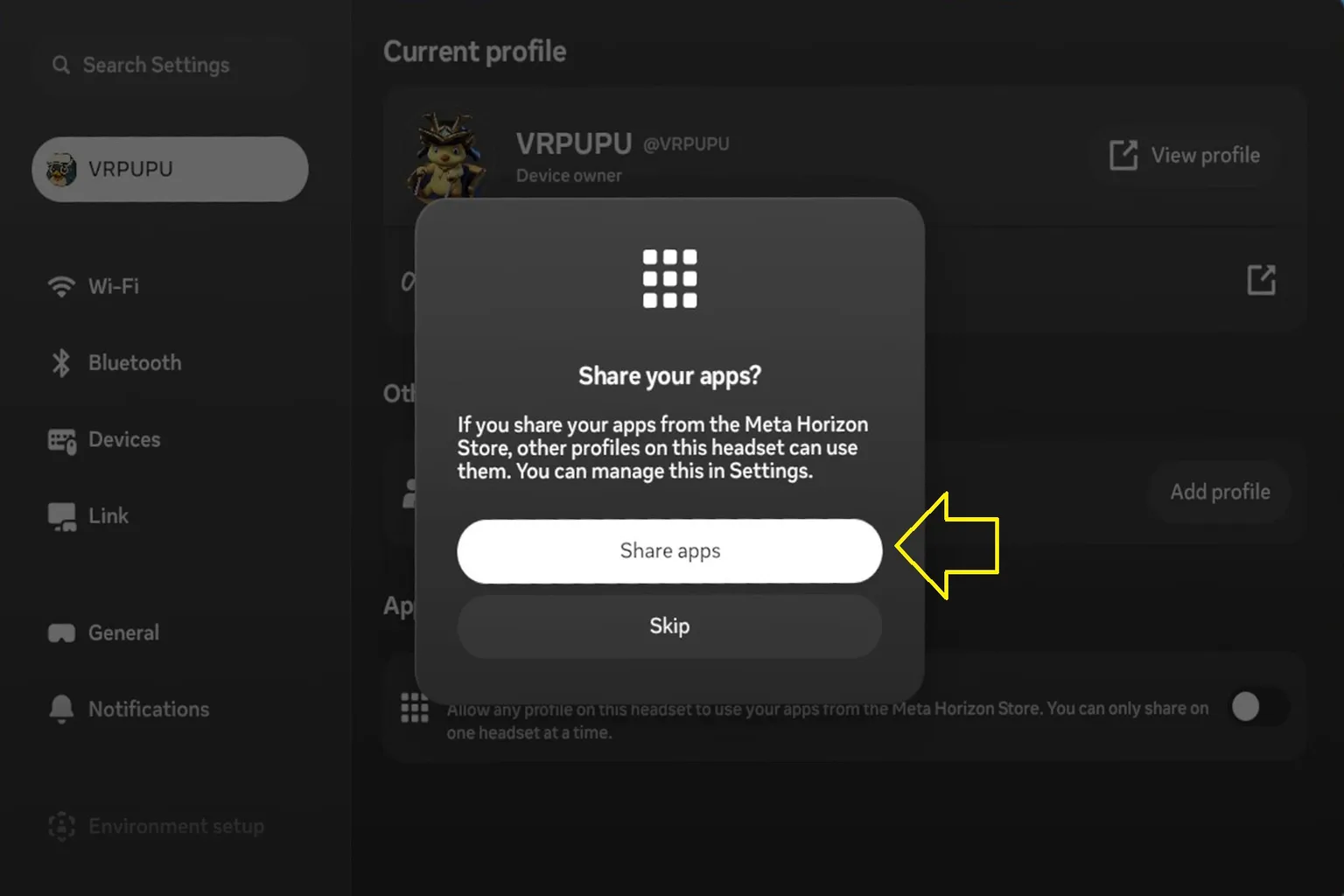 App sharing option in Meta Quest settings with toggle enabled for sharing apps on the headset