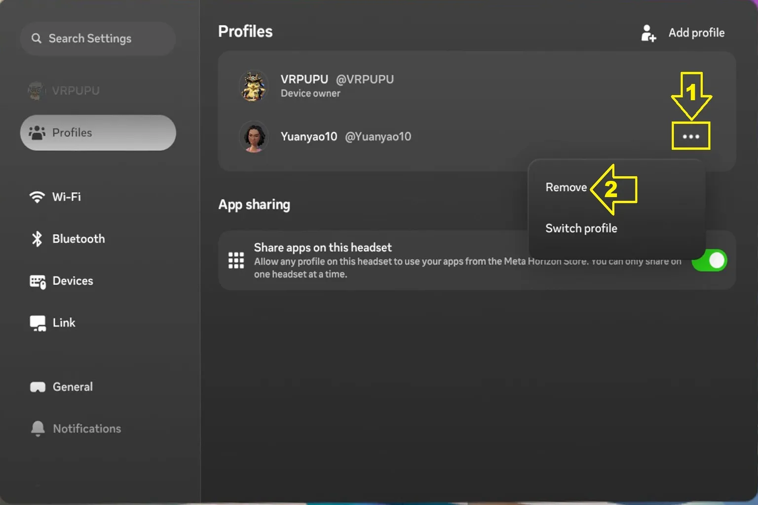 Meta Quest profiles menu showing option to remove a secondary profile from the device