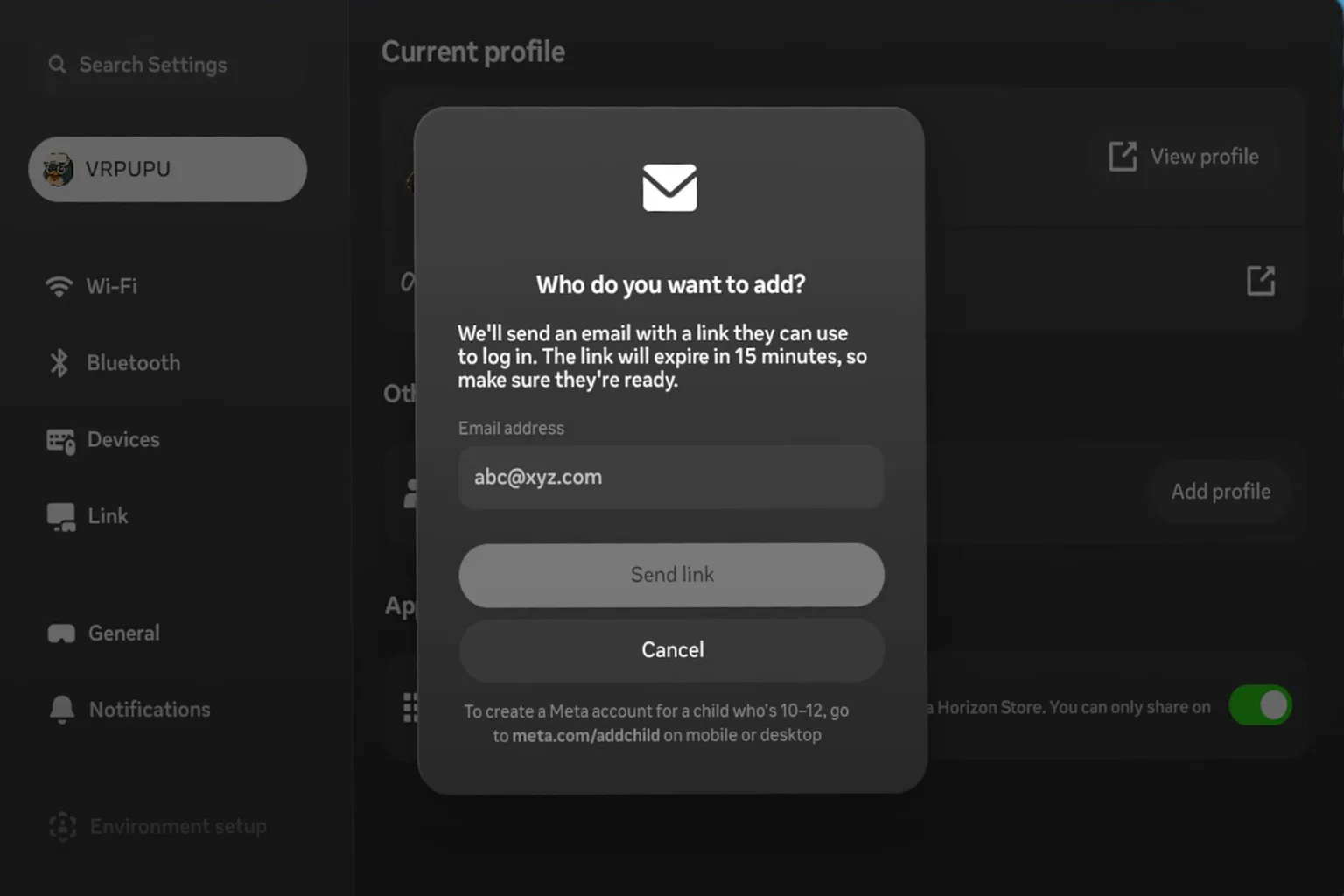 Add profile screen in Meta Quest with email input field and option to send login link