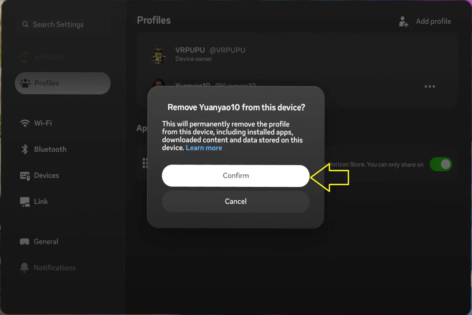 Meta Quest confirmation popup asking to remove a profile from the device with “Confirm” button highlighted