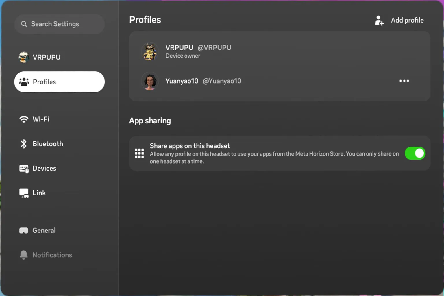Meta Quest profiles screen showing a second user added and app sharing enabled
