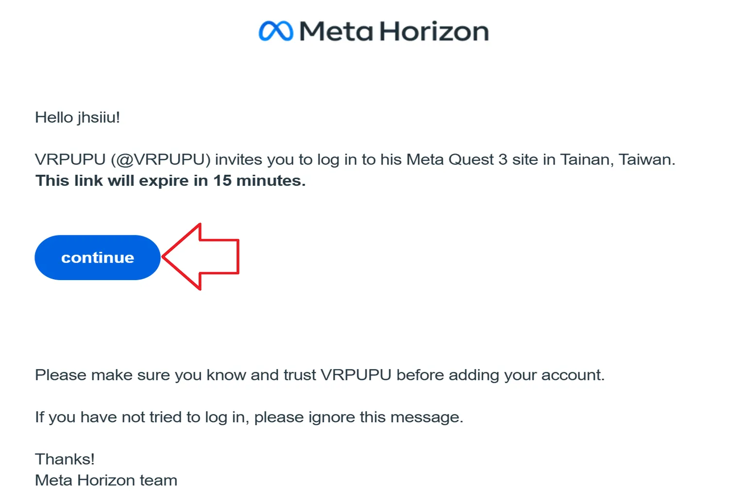 Meta Horizon email invitation with “Continue” button to log in to a shared Quest headset