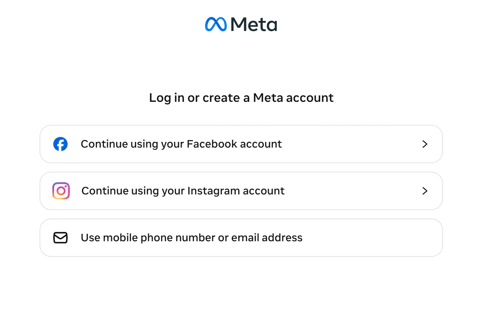 Meta login screen with options to sign in using Facebook, Instagram, or email