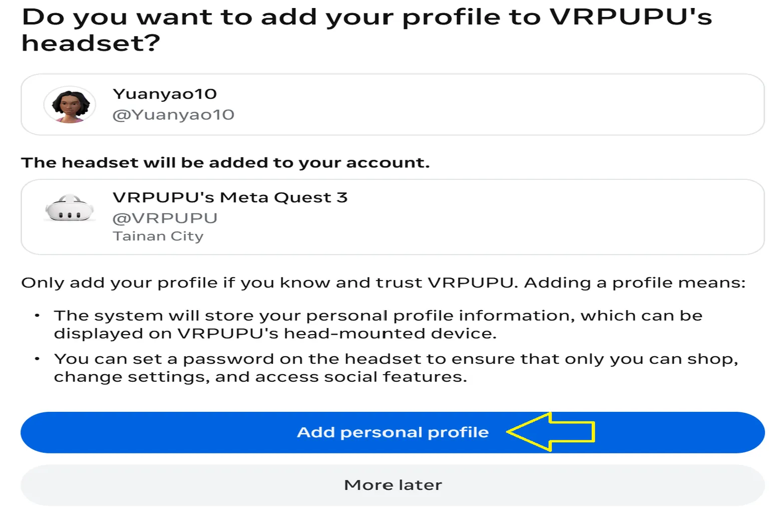 Confirmation screen for adding a personal profile to a Meta Quest headset with “Add personal profile” button