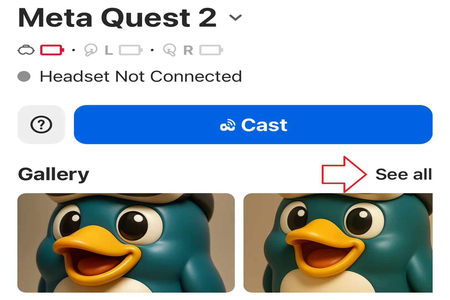 Meta Horizon app Meta Quest 2 device page with the Gallery section and See all button highlighted