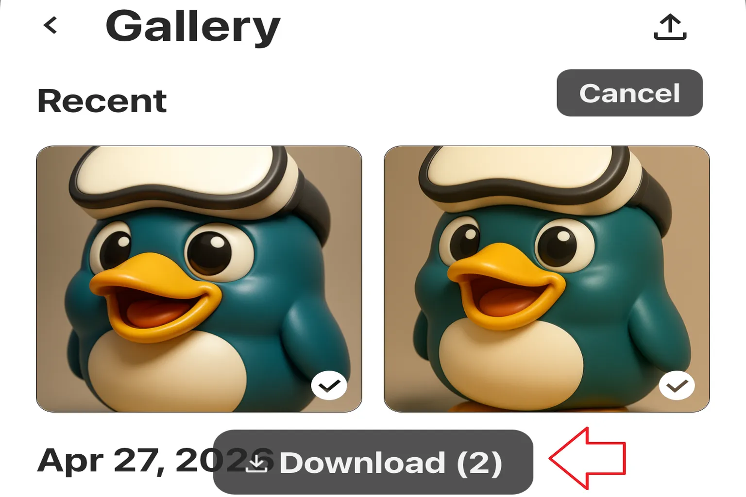 Meta Horizon app Gallery screen with two photos selected and the Download button available for saving multiple photos at once