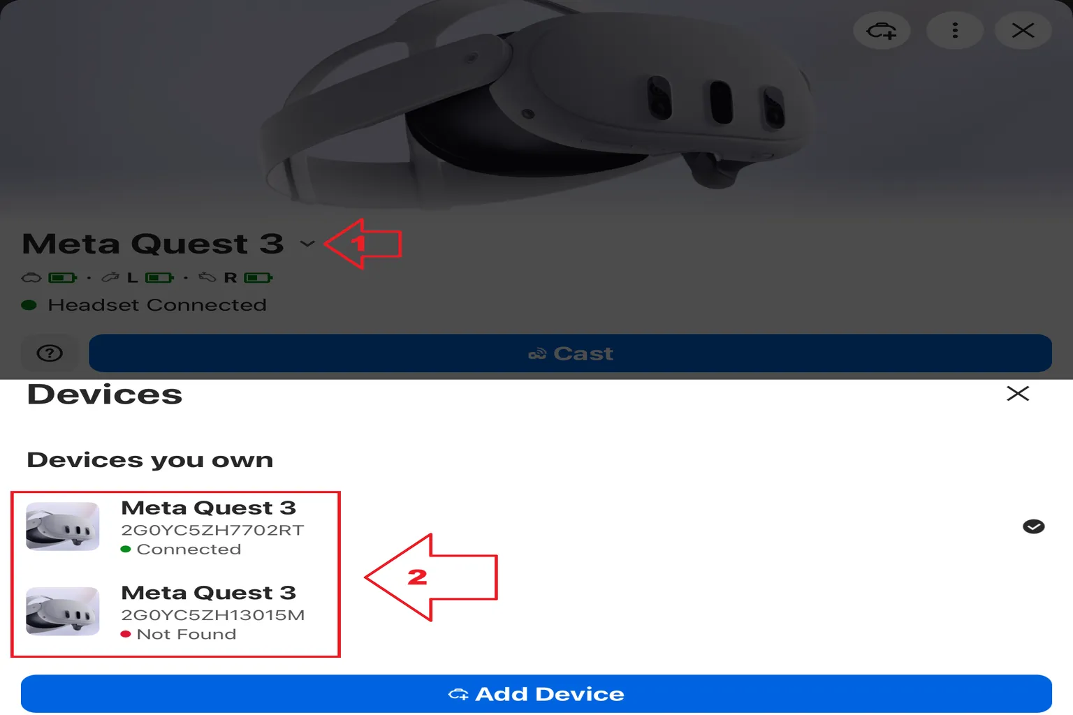 Meta Horizon mobile app showing the selected Meta Quest 3 headset before starting casting