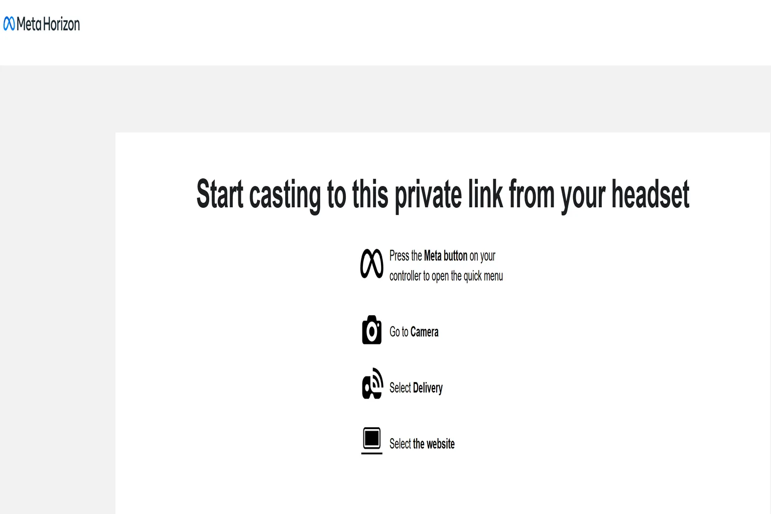 Meta Horizon casting website waiting for the headset to start casting to the private link