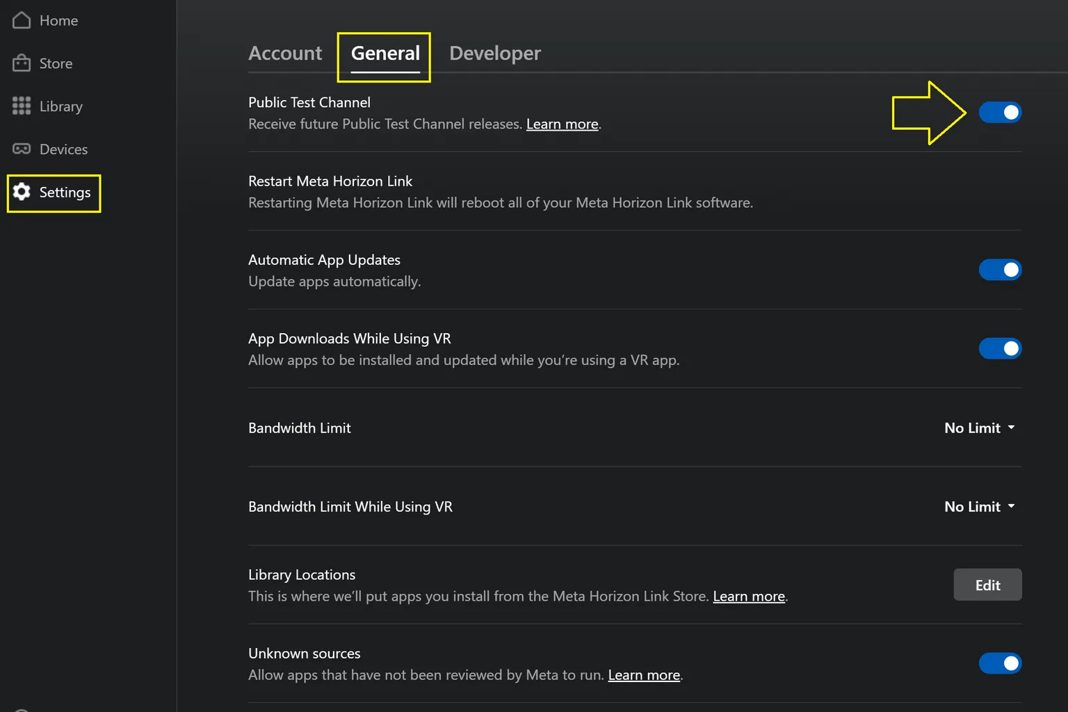 Meta Horizon Link settings screen showing the General tab with the Public Test Channel enabled