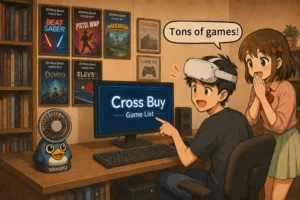 Gugu shows Mengmeng a Meta Quest Cross-Buy game list on the monitor, with posters for Beat Saber, Pistol Whip, Walkabout Mini Golf, Demeo, and Eleven Table Tennis on the wall. Mengmeng looks excited and says “Tons of games!” while Gugu wears a Quest headset and points at the screen. A VRPUPU penguin sits beside the desk in the cozy study room.