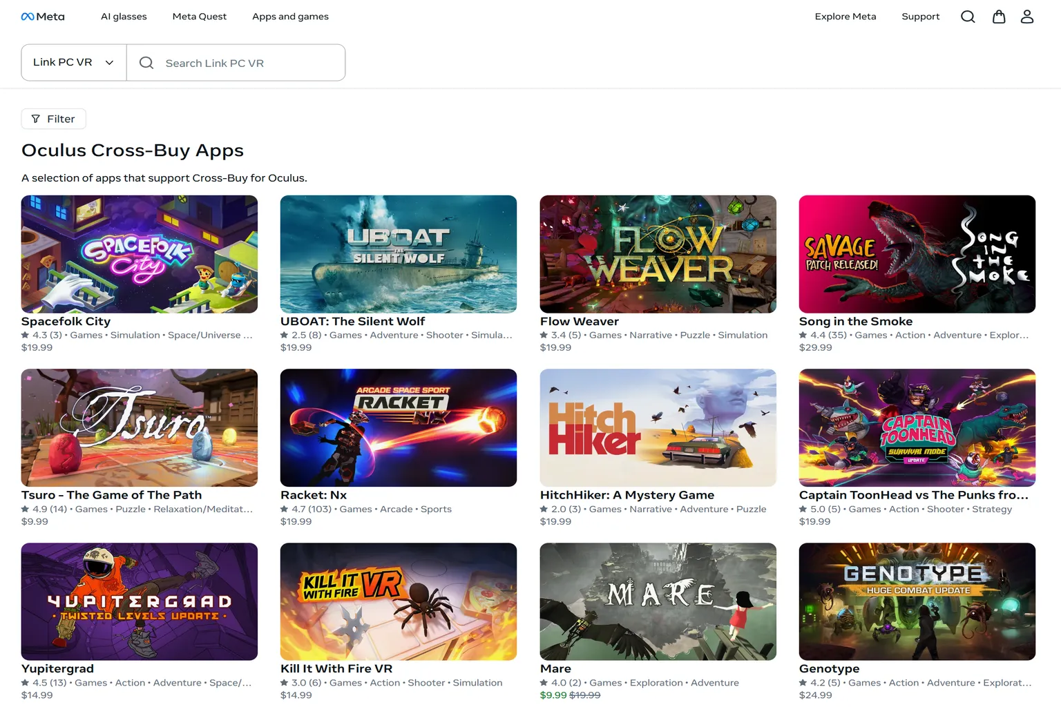 Official Meta Store Cross-Buy Apps page showing PC VR Cross-Buy titles such as Spacefolk City, UBOAT: The Silent Wolf, Flow Weaver, Song in the Smoke, Tsuro, Racket: Nx, and Genotype.