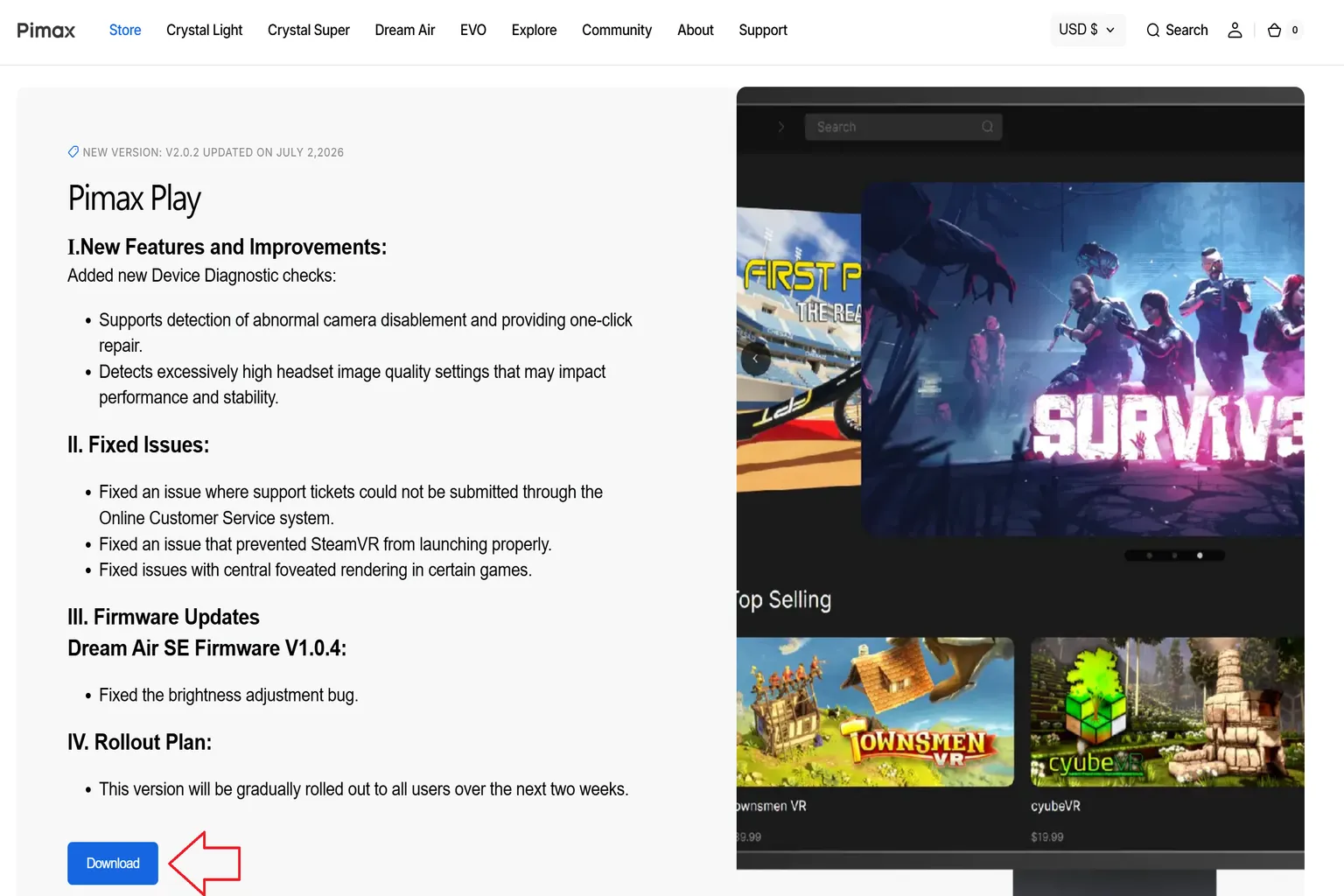 Pimax Play official download page showing the download button and update notes for the latest version.