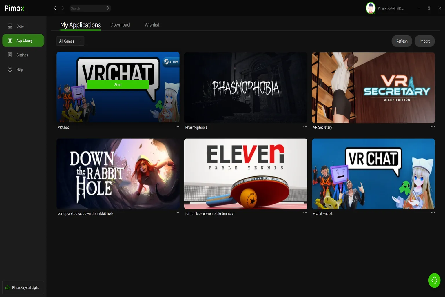 Pimax Play app library showing installed VR games such as VRChat, Phasmophobia, and Eleven Table Tennis.