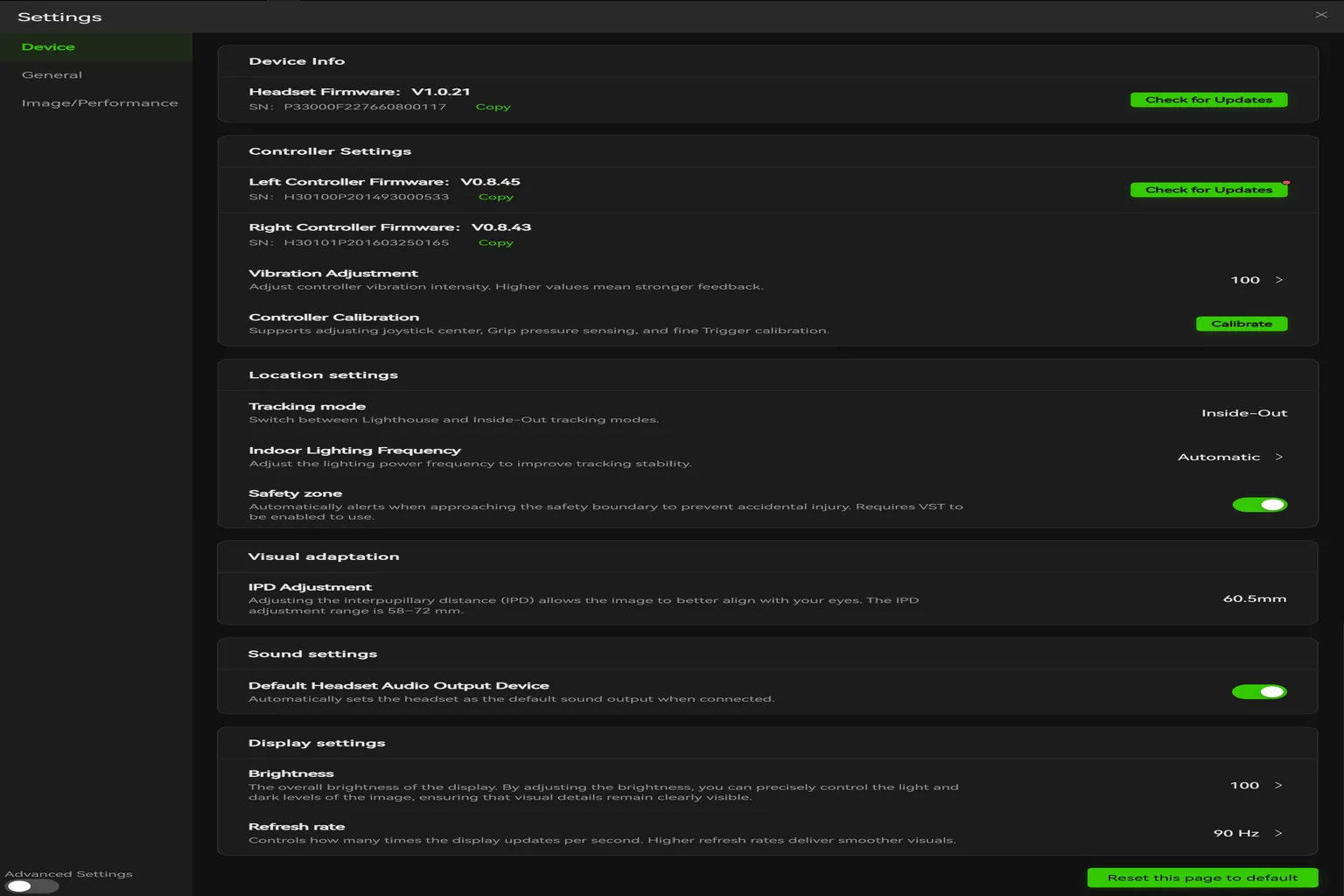 Pimax Crystal Light device settings page showing firmware, controller settings, tracking mode, IPD adjustment, brightness, and refresh rate.