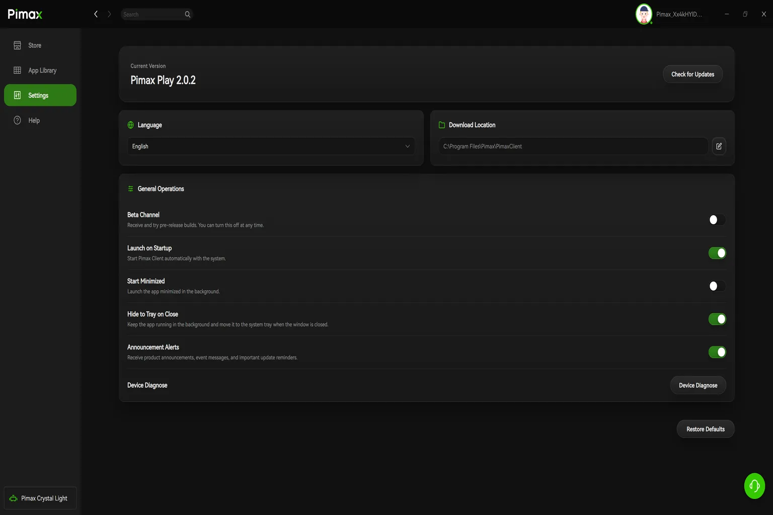 Pimax Play system settings page showing language, download location, startup options, alerts, and device diagnosis.