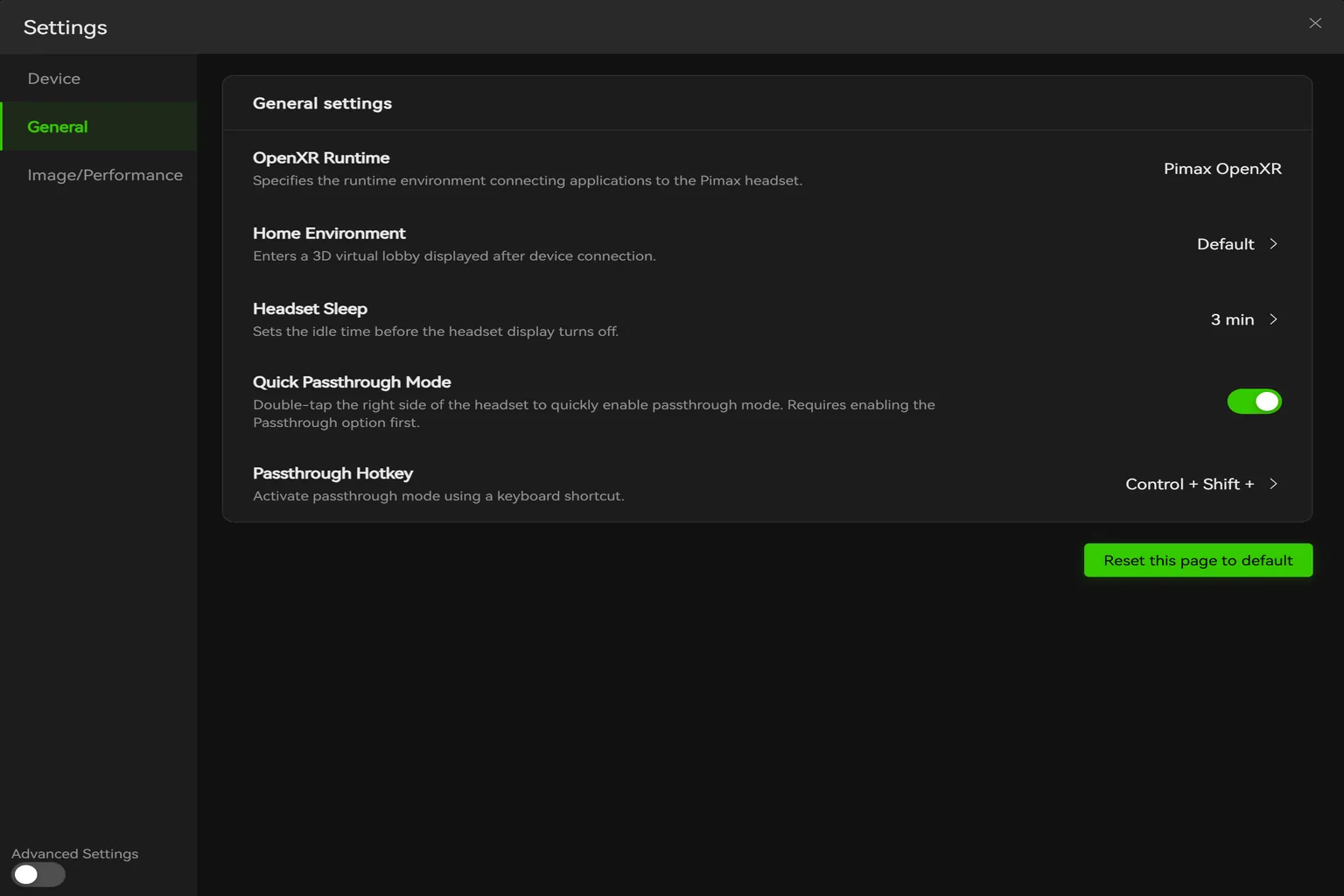 Pimax Crystal Light general settings page showing OpenXR runtime, home environment, headset sleep, and passthrough options.
