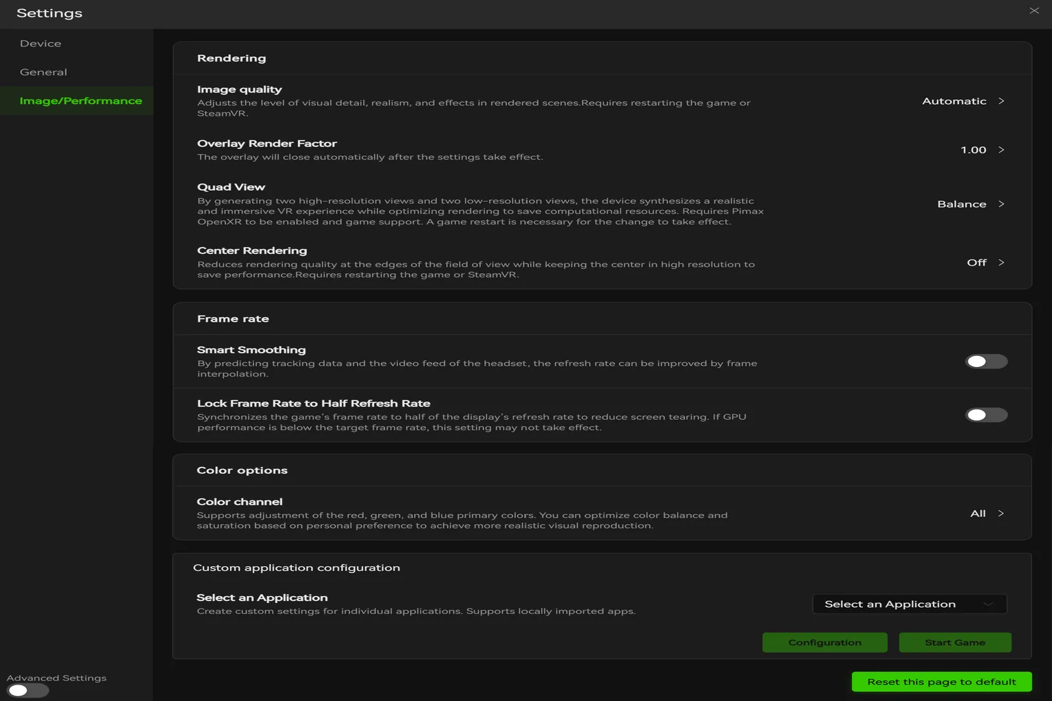 Pimax Crystal Light image and performance settings page showing image quality, render factor, Quad View, frame rate, and color options.