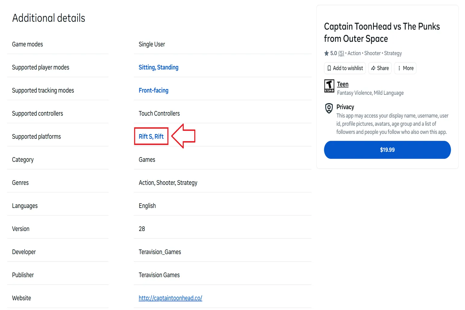 Meta Store product page for Captain ToonHead vs The Punks from Outer Space, with the Supported platforms section highlighted to show Rift S and Rift compatibility.